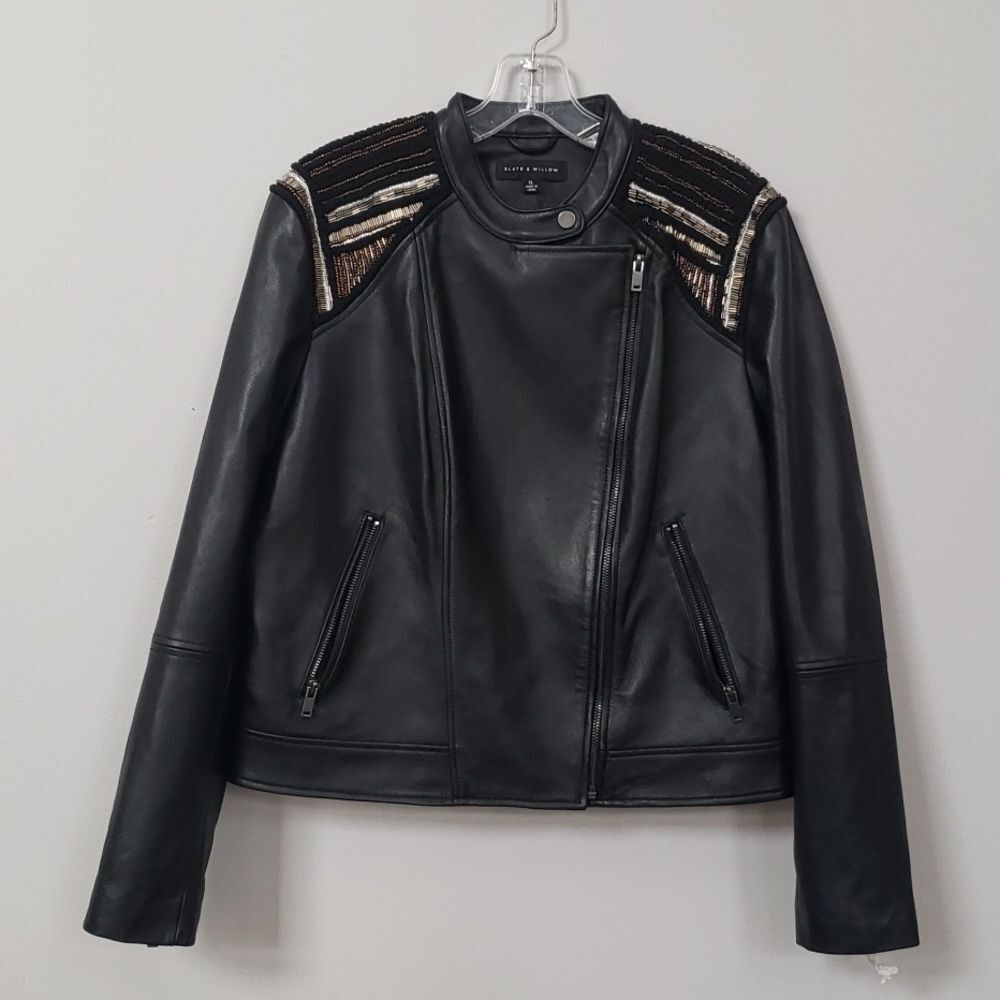 Slate & Willow Jacket Womens XL Black Leather Beaded Shoulder Leather Moto